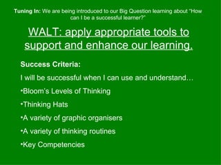 WALT: apply appropriate tools to support and enhance our learning. ,[object Object],[object Object],[object Object],[object Object],[object Object],[object Object],[object Object],Tuning In:  We are being introduced to our Big Question learning about “How can I be a successful learner?” 
