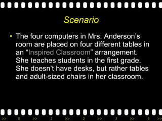 Scenario The four computers in Mrs. Anderson’s room are placed on four different tables in an “ Inspired Classroom ” arrangement.  She teaches students in the first grade.  She doesn’t have desks, but rather tables and adult-sized chairs in her classroom.  