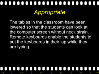 Appropriate The tables in the classroom have been lowered so that the students can look at the computer screen without neck strain.  Remote keyboards enable the students to put the keyboards in their lap while they are typing. 