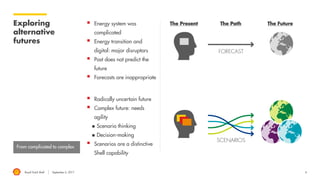Royal Dutch Shell September 8, 2017 4
Summary
Re-shaping Shell - on track
 Divestments: >$25 billion completed, announced or
advanced progress
 Projects delivery for 2018 on track
 Capital investment – discipline, efficiency and flexibility
 Operational excellence and driving down costs
Leader: value +
influence
Reducing our
carbon
intensity
Shared value
with society
World-class
investment case
 