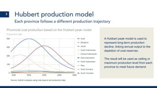 Hubbert production model
Each province follows a different production trajectory
A Hubbert peak model is used to
represent long-term production
decline, linking annual output to the
depletion of coal reserves.
The result will be used as ceiling or
maximum production level from each
province to meet future demand.
3
 
