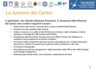 Le funzioni del Centro
In particolare, con l’attuale dotazione finanziaria, in attuazione della Missione
del Centro sono svolte le seguenti funzioni:
–
–
–
–
–
–
–
–

Osservatorio sugli scenari, sull’evoluzione e sulla competitività del Distretto;
Assessment sulle capability delle imprese;
Analisi, in base ad un modello di Key Performance Indicator, delle competenze critiche
(operative e manageriali) nelle imprese del Distretto;
Facilitazione dell’interscambio Scuola-Lavoro con offerta di know how didattico e di
workplace training experience al sistema scolastico;
Formazione delle competenze operative tecniche specialistiche per i mestieri aeronautici,
attraverso un sistema di supporto per la gestione delle competenze e dei corsi;
Formazione manageriale;
Sensibilizzazione del top management e degli imprenditori delle PMI ai temi della strategia
e del change management;
Marketing delle attività svolte, comunicazione e realizzazione di eventi.

3

 
