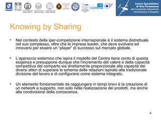 Knowing by Sharing
•

Nel contesto della iper-competizione internazionale è il sistema distrettuale
nel suo complesso, oltre che le imprese leader, che deve evolvere ed
innovarsi per essere un “player” di successo sul mercato globale.

•

L’approccio sistemico che ispira il modello del Centro tiene conto di questa
esigenza e presuppone dunque che l'incremento del valore e della capacità
competitiva del comparto sia direttamente proporzionale alla capacità dei
diversi attori di superare lo schema delle relazioni ispirato alla tradizionale
divisione del lavoro e di configurarsi come sistema integrato.

•

Un elemento fondamentale da raggiungere in tempi brevi è la creazione di
un network a supporto, non solo nella realizzazione dei prodotti, ma anche
alla condivisione della conoscenza.

4

 