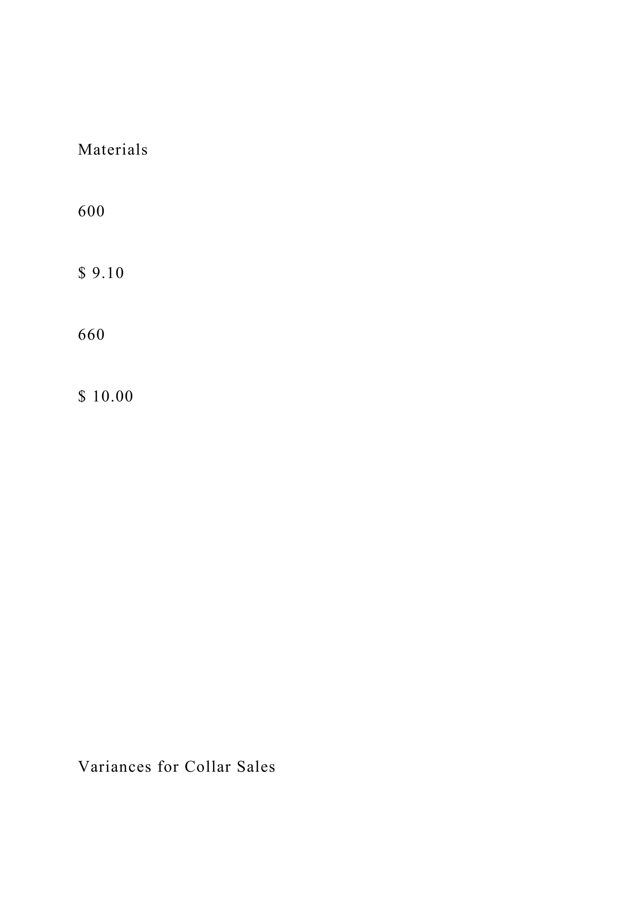 Materials
600
$ 9.10
660
$ 10.00
Variances for Collar Sales
 