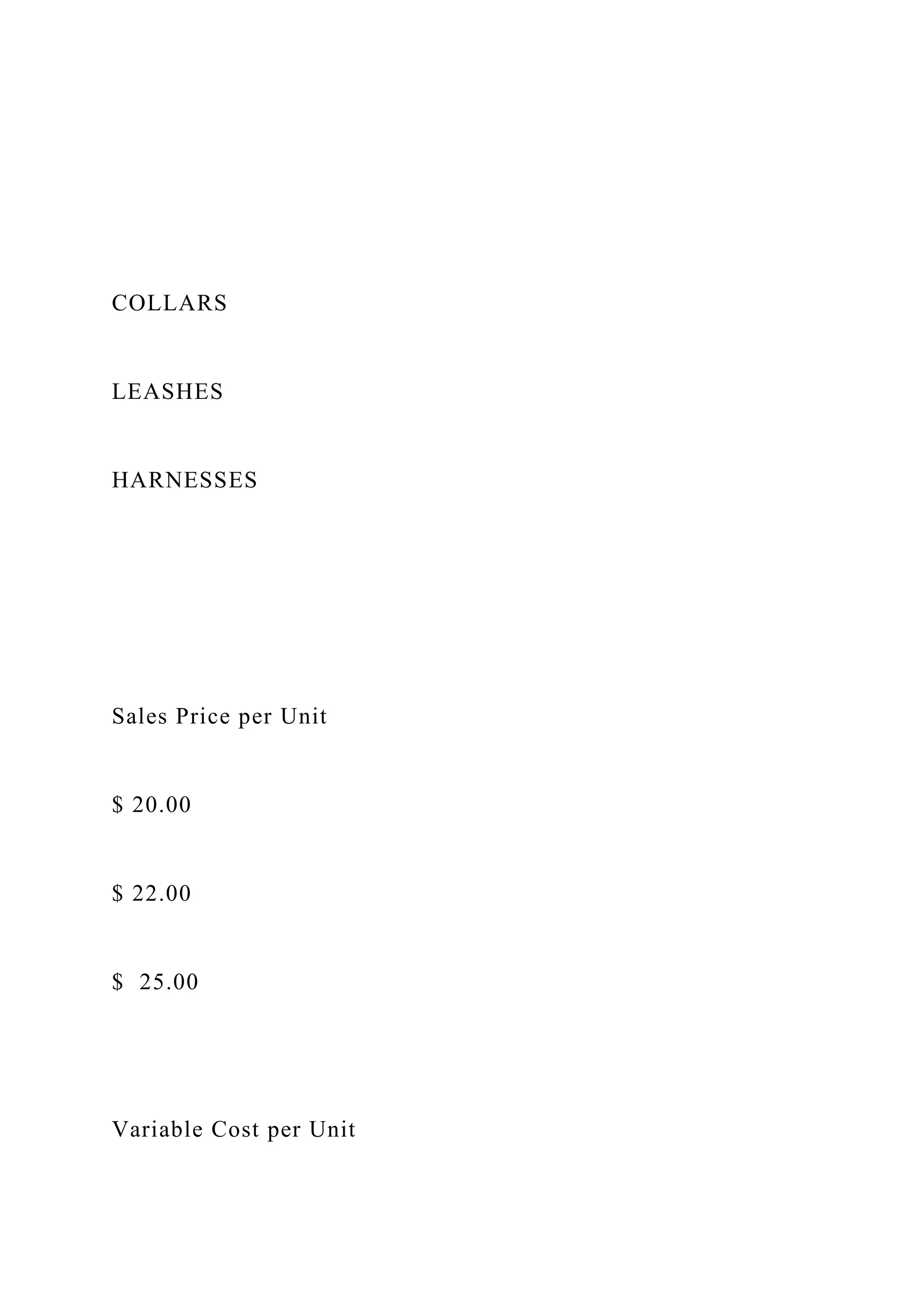 COLLARS
LEASHES
HARNESSES
Sales Price per Unit
$ 20.00
$ 22.00
$ 25.00
Variable Cost per Unit
 