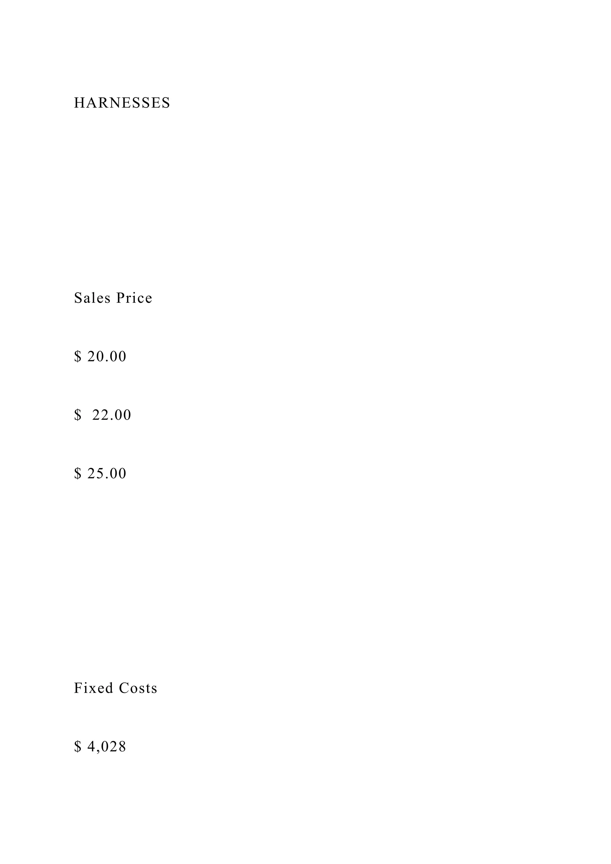 HARNESSES
Sales Price
$ 20.00
$ 22.00
$ 25.00
Fixed Costs
$ 4,028
 