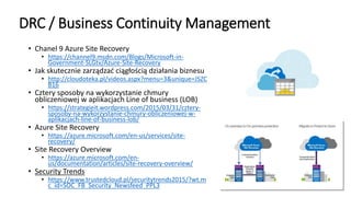 DRC / Business Continuity Management
• Chanel 9 Azure Site Recovery
• https://channel9.msdn.com/Blogs/Microsoft-in-
Government-SLGtv/Azure-Site-Recovery
• Jak skutecznie zarządzać ciągłością działania biznesu
• http://cloudoteka.pl/videos.aspx?menu=3&unique=JSZC
B16
• Cztery sposoby na wykorzystanie chmury
obliczeniowej w aplikacjach Line of business (LOB)
• https://strategieit.wordpress.com/2015/03/31/cztery-
sposoby-na-wykorzystanie-chmury-obliczeniowej-w-
aplikacjach-line-of-business-lob/
• Azure Site Recovery
• https://azure.microsoft.com/en-us/services/site-
recovery/
• Site Recovery Overview
• https://azure.microsoft.com/en-
us/documentation/articles/site-recovery-overview/
• Security Trends
• https://www.trustedcloud.pl/securitytrends2015/?wt.m
c_id=SOC_FB_Security_Newsfeed_PPL3
 