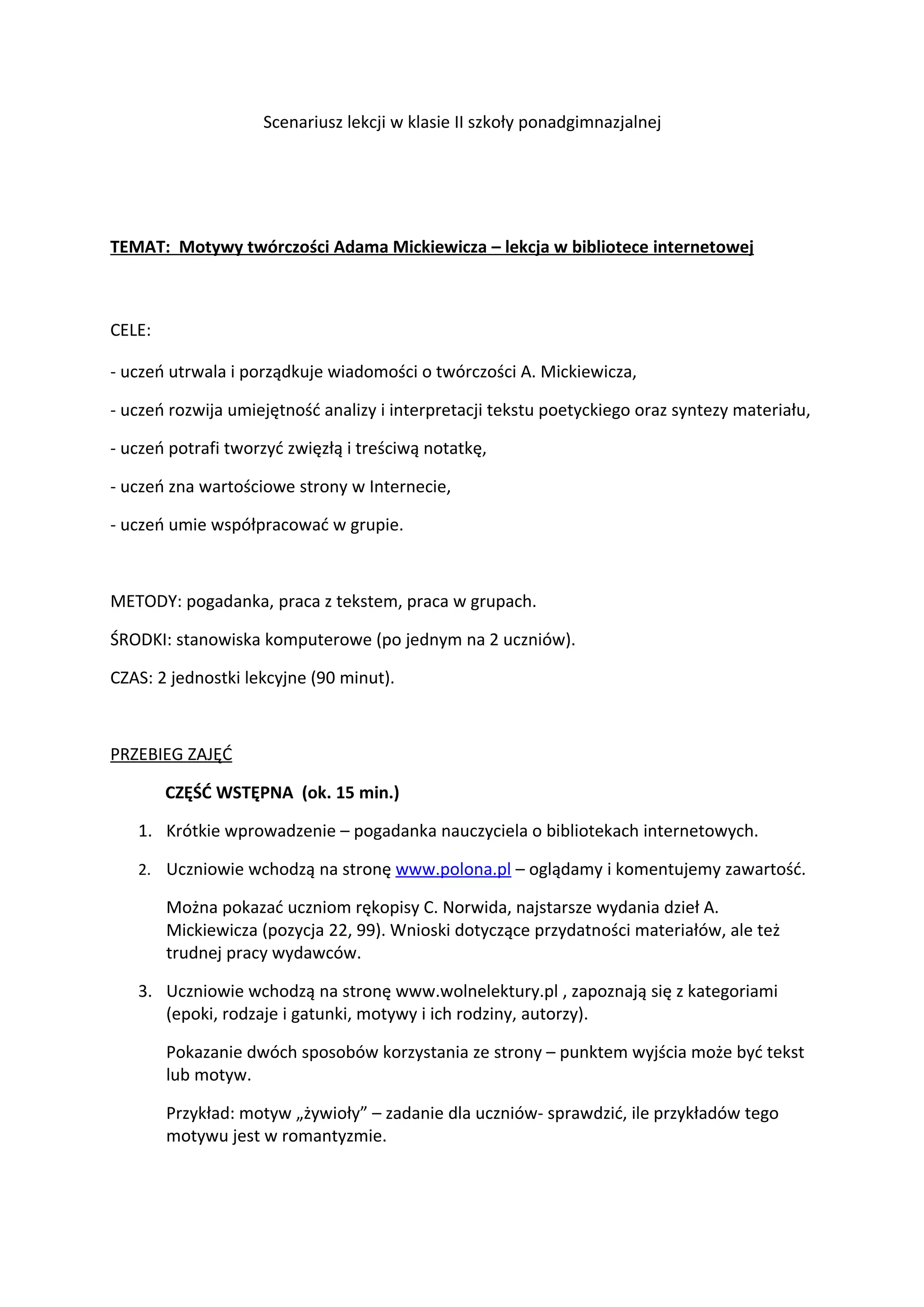 motywy twórczosci adama mickiewicza | DOC