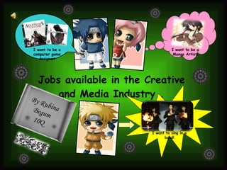 Jobs available in the Creative and Media Industry.. I want to sing in a band! I want to be a Manga Artist! I want to be a computer game designer! By Rubina Begum 10Q 