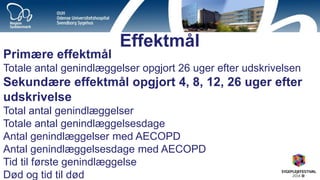Effektmål 
Primære effektmål Totale antal genindlæggelser opgjort 26 uger efter udskrivelsen Sekundære effektmål opgjort 4, 8, 12, 26 uger efter udskrivelse Total antal genindlæggelser Totale antal genindlæggelsesdage Antal genindlæggelser med AECOPD Antal genindlæggelsesdage med AECOPD Tid til første genindlæggelse Død og tid til død  
