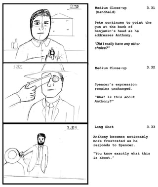Medium Close-up
(Handheld)
Medium Close-up
Long Shot
Pete continues to point the
gun at the back of
Benjamin’s head as he
addresses Anthony.
“Did I really have any other
choice?”
Spencer’s expression
remains unchanged.
”What is this about
Anthony?”
Anthony becomes noticeably
more frustrated as he
responds to Spencer.
“You know exactly what this
is about.”
3.31
3.32
3.33
 