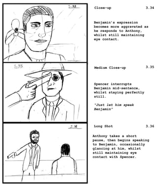 Close-up
Medium Close-up
Long Shot
Benjamin’s expression
becomes more aggravated as
he responds to Anthony,
whilst still maintaining
eye contact.
Spencer interrupts
Benjamin mid-sentence,
whilst staying perfectly
still.
“Just let him speak
Benjamin”
Anthony takes a short
pause, then begins speaking
to Benjamin, occasionally
glancing at him, whilst
still maintaining eye
contact with Spencer.
3.34
3.35
3.36
 