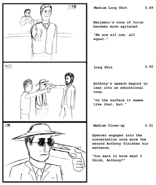Medium Long Shot
Long Shot
Medium Close-up
Benjamin's tone of voice
becomes more agitated.
“We are all one, all
equal…”
Anthony’s speech begins to
lean into an educational
tone.
“On the surface it seems
like that, but…”
Spencer engages into the
conversation once more the
second Anthony finishes his
sentence.
“You want to know what I
think, Anthony?”
3.49
3.50
3.51
 