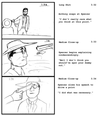 Long Shot
Medium Close-up
Medium Close-up
Anthony snaps at Spencer
“I don’t really care what
you think at this point.”
Spencer begins explaining
condescendingly.
“Well I don’t think you
should’ve spat your dummy
out…”
Spencer slows his speech to
drive a point
“I did what was necessary.”
3.52
3.53
3.54
 
