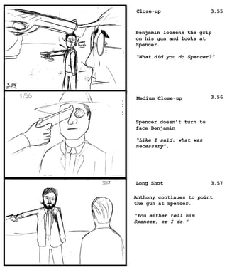 Close-up
Medium Close-up
Long Shot
Benjamin loosens the grip
on his gun and looks at
Spencer.
“What did you do Spencer?”
Spencer doesn’t turn to
face Benjamin
“Like I said, what was
necessary”.
Anthony continues to point
the gun at Spencer.
“You either tell him
Spencer, or I do.”
3.55
3.56
3.57
 