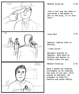 Medium Close-up
Long Shot
Medium Close-up
“Let’s just say you need to
sacrifice a few pawns to
get to the king, or in this
case-”
Spencer lightly nods at
Anthony.
“-that prick.”
Benjamin glances at
Spencer, then back at
Anthony and begins to
slowly lower his gun.
Pete’s hands are shaking
noticeably as he tightens
the grip on his gun, still
aiming at Benjamin. He
attempts to hide his
tension and gulps subtly.
3.58
3.59
3.60
 
