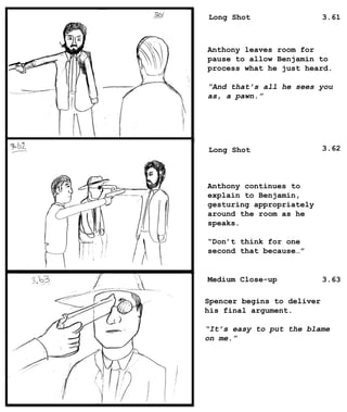 Long Shot
Long Shot
Medium Close-up
Anthony leaves room for
pause to allow Benjamin to
process what he just heard.
“And that’s all he sees you
as, a pawn.”
Anthony continues to
explain to Benjamin,
gesturing appropriately
around the room as he
speaks.
“Don’t think for one
second that because…”
Spencer begins to deliver
his final argument.
“It’s easy to put the blame
on me.”
3.61
3.62
3.63
 