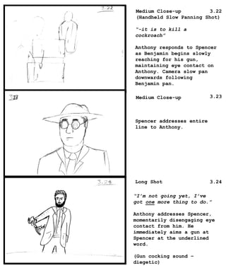 Medium Close-up
(Handheld Slow Panning Shot)
Medium Close-up
Long Shot
“-it is to kill a
cockroach”
Anthony responds to Spencer
as Benjamin begins slowly
reaching for his gun,
maintaining eye contact on
Anthony. Camera slow pan
downwards following
Benjamin pan.
Spencer addresses entire
line to Anthony.
“I’m not going yet, I’ve
got one more thing to do.”
Anthony addresses Spencer,
momentarily disengaging eye
contact from him. He
immediately aims a gun at
Spencer at the underlined
word.
(Gun cocking sound –
diegetic)
3.22
3.23
3.24
 