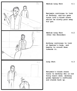 Benjamin continues to look
at Anthony, and his gaze
turns into a blank stare
whilst he slowly puts away
his gun.
Anthony continues to look
at Spencer’s body, and
begins to crouch down
towards it.
Benjamin’s blank stare
turns to Anthony who is now
fully knelt down. Anthony
grabs Spencer’s cufflinks
and stands back up.
Medium Long Shot
Medium Long Shot
(Over the Shoulder)
Long Shot
4.1
4.2
4.3
 