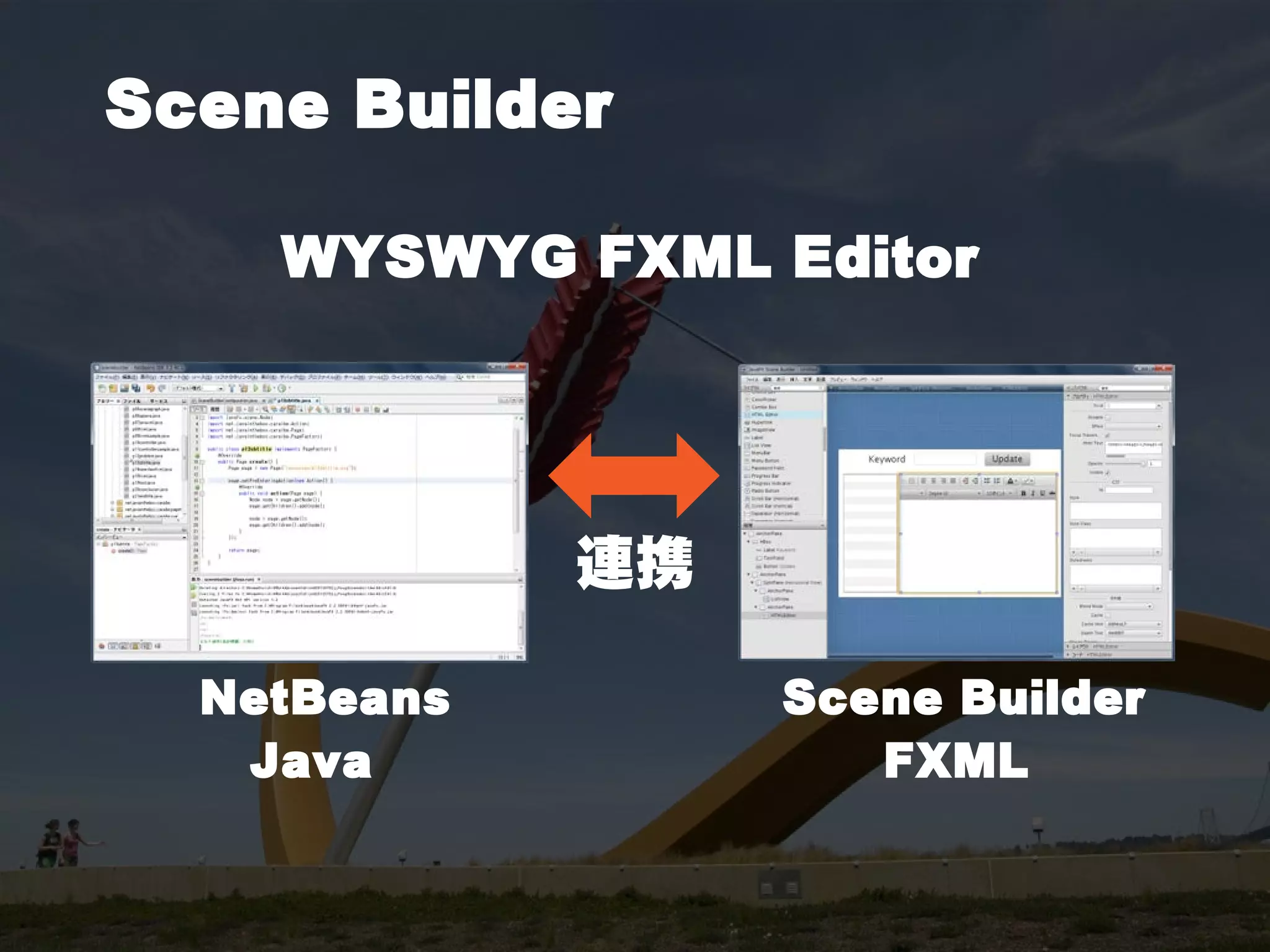 Scene Builder

    WYSWYG FXML Editor




             連携

  NetBeans        Scene Builder
   Java              FXML
 