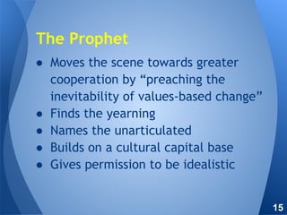 ● Moves the scene towards greater
cooperation by “preaching the
inevitability of values-based change”
● Finds the yearning
● Names the unarticulated
● Builds on a cultural capital base
● Gives permission to be idealistic
The Prophet
15
 