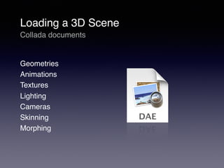 Loading a 3D Scene
Collada documents
Geometries
Animations
Textures
Lighting
Cameras
Skinning
Morphing
 