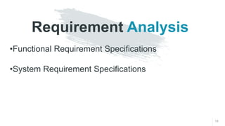 Requirement Analysis
18
•Functional Requirement Specifications
•System Requirement Specifications
 