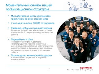 Моментальный снимок нашей
организационной структуры
• Мы работаем на шести континентах,
практически во всех странах мира
• У нас занято около 80 000 сотрудников
• Разведка, добыча и транспортировка

Разведка, разработка и освоение, добыча,
маркетинг газа, научно-исследовательская
работа

• Переработка и сбыт

Переработка нефти и доставка
нефтепродуктов, горюче-смазочные
материалы и специальные нефтепродукты,
маркетинг горюче-смазочных материалов,
научно-исследовательские и проектные
работы

• Производство химической продукции
Изготовление, маркетинг и научные
исследования

7

 