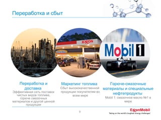 Переработка и сбыт

Переработка и
доставка

Эффективная сеть поставок
чистых видов топлива,
горюче смазочных
материалов и другой ценной
продукции

Маркетинг топлива
Сбыт высококачественной
продукции покупателям во
всем мире

9

Горюче-смазочные
материалы и специальные
нефтепродукты
Mobil 1: смазочное масло №1 в
мире

 