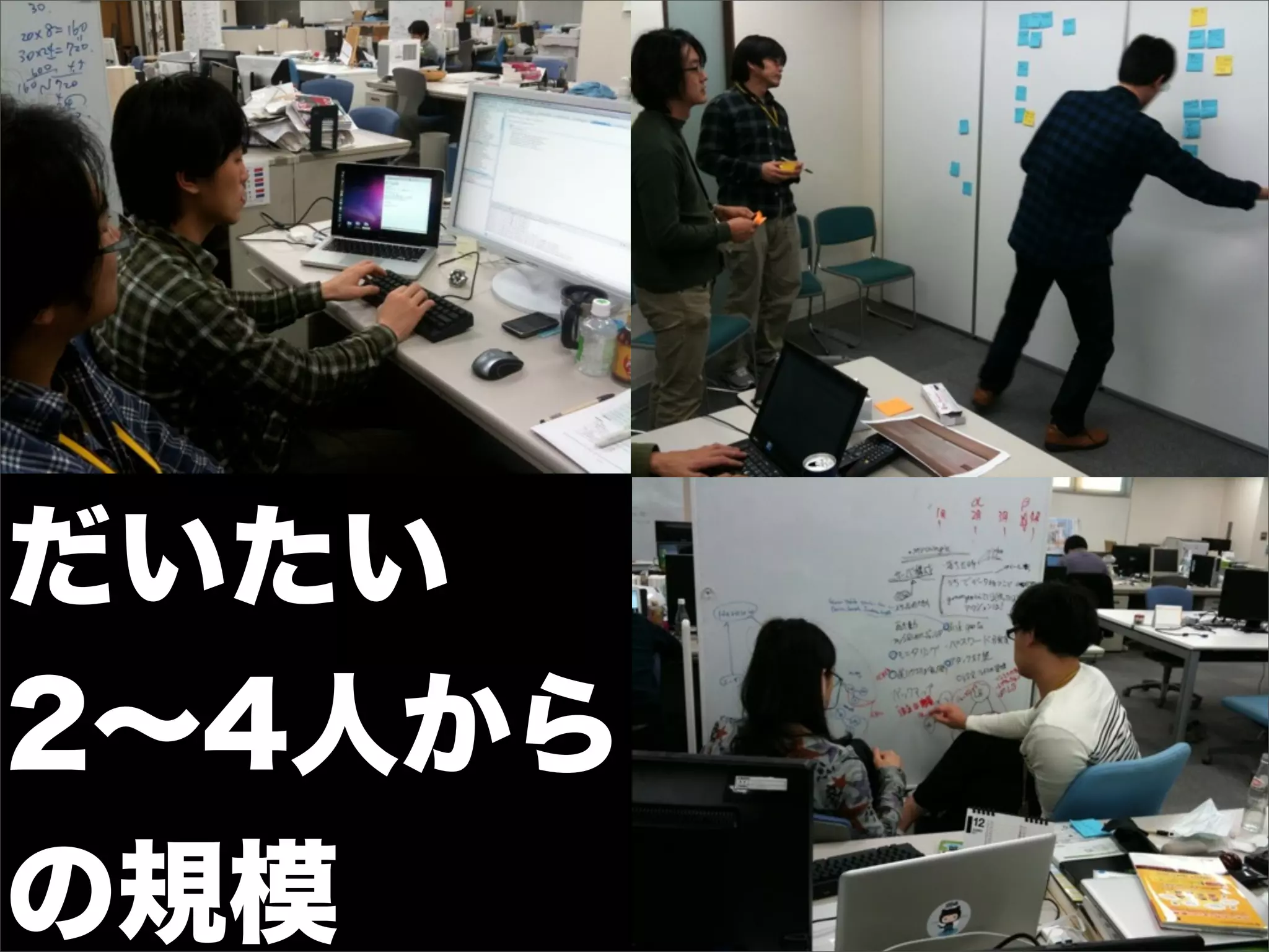 だいたい
http://www.slideshare.net/t_wada/the-only-one-big-thing-every-programmer-should-know/58




2∼4人から
の規模
 