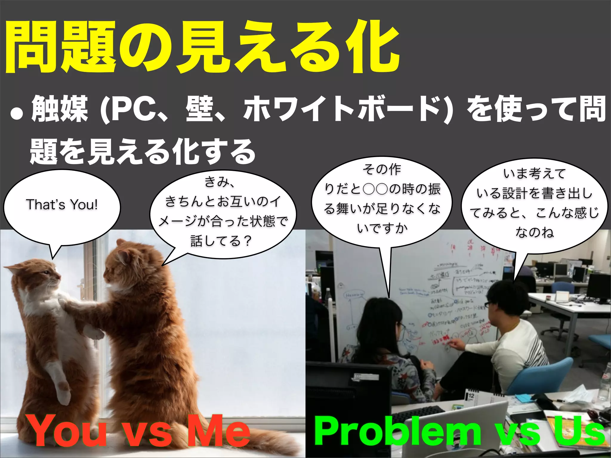 問題の見える化
•触媒 (PC、壁、ホワイトボード) を使って問
 題を見える化する                     その作         いま考えて
                  きみ、
                           りだと○○の時の振    いる設計を書き出し
That s You!    きちんとお互いのイ
                           る舞いが足りなくな   てみると、こんな感じ
              メージが合った状態で
                              いですか         なのね
                 話してる？




You vs Me                  Problem vs Us
 