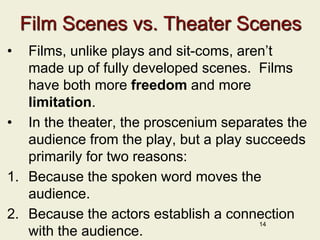 Film Scenes vs. Theater Scenes
• Films, unlike plays and sit-coms, aren’t
made up of fully developed scenes. Films
have both more freedom and more
limitation.
• In the theater, the proscenium separates the
audience from the play, but a play succeeds
primarily for two reasons:
1. Because the spoken word moves the
audience.
2. Because the actors establish a connection
with the audience.
14
 