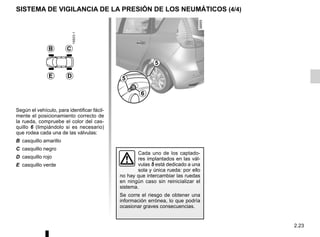 2.23
B C
D
E
Según el vehículo, para identificar fácil-
mente el posicionamiento correcto de
la rueda, compruebe el color del cas-
quillo 6 (limpiándolo si es necesario)
que rodea cada una de las válvulas:
B casquillo amarillo
C casquillo negro
D casquillo rojo
E casquillo verde
5
5
6
Cada uno de los captado-
res implantados en las vál-
vulas 5 está dedicado a una
sola y única rueda: por ello
no hay que intercambiar las ruedas
en ningún caso sin reinicializar el
sistema.
Se corre el riesgo de obtener una
información errónea, lo que podría
ocasionar graves consecuencias.
SISTEMA DE VIGILANCIA DE LA PRESIÓN DE LOS NEUMÁTICOS (4/4)
 