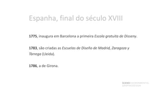 Espanha, final do século XVIII

1775, inaugura em Barcelona a primeira Escola gratuita de Disseny.

1783, são criadas as Escuelas de Diseño de Madrid, Zaragoza y
Tàrrega (Lleida).

1786, a de Girona.



                                                        SCENOENVIRONMENTAL
                                                        GRAPHICDESIGN
 