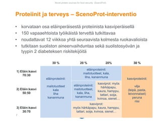 • korvataan osa eläinperäisestä proteiinista kasviperäisellä
• 150 vapaaehtoista työikäistä tervettä tutkittavaa
• noudattavat 12 viikkoa yhtä seuraavista kolmesta ruokavalioista
• tutkitaan suoliston aineenvaihduntaa sekä suolistosyövän ja
tyypin 2 diabeteksen riskitekijöitä
Proteiinit ja terveys – ScenoProt-interventio
Novel protein sources for food security (ScenoProt)
7
30 % 20 % 20% 30 %
1) Eläin:kasvi
70:30
eläinproteiinit:
maitotuotteet
kala
liha
kananmuna
eläinproteiinit:
maitotuotteet, kala,
liha, kananmuna
kasviproteiinit:
vilja
(leipä, pasta,
leivonnaiset)
peruna
riisi
2) Eläin:kasvi
50:50
eläinproteiinit:
maitotuotteet,
kala, liha,
kananmuna
kasviprot: myös
härkäpapu,
kaura, hamppu,
tattari, soija,
kvinoa, sienet…
3) Eläin:kasvi
30:70
kasviprot:
myös härkäpapu, kaura, hamppu,
tattari, soija, kvinoa, sienet…
 