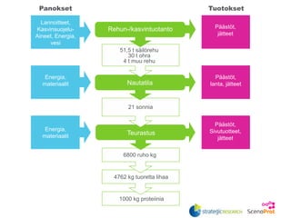 Rehun-/kasvintuotanto
Nautatila
Teurastus
Päästöt,
lanta, jätteet
Päästöt,
jätteet
Päästöt,
Sivutuotteet,
jätteet
Lannoitteet,
Kasvinsuojelu-
Aineet, Energia,
vesi
Energia,
materiaalit
Energia,
materiaalit
Panokset Tuotokset
51,5 t säilörehu
30 t ohra
4 t muu rehu
21 sonnia
6800 ruho kg
4762 kg tuoretta lihaa
1000 kg proteiinia
 