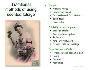 Traditional
methods of using
scented foliage
 Simple
 Hanging herbs
 Simmering herbs
 Scented wood for drawers
 Bath ‘teas’
 Hand rubs
 Slightly more complex
 Smudge sticks
 Sachets/scent pillows
 Bath salts
 Potpourri/infusers
 Infused oils for massage
 Scents/flavors/oils
 Hydrosols and essential oils
 Soaps
 Candles
 Perfumes
© Project SOUND
 