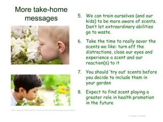 More take-home
messages 5. We can train ourselves (and our
kids) to be more aware of scents.
Don’t let extraordinary abilities
go to waste.
6. Take the time to really savor the
scents we like: turn off the
distractions, close our eyes and
experience a scent and our
reaction(s) to it
7. You should ‘try out’ scents before
you decide to include them in
your garden
8. Expect to find scent playing a
greater role in health promotion
in the future
© Project SOUND
https://www.brooklinelibrary.org/events/event/sensing-spring-storytime/
 