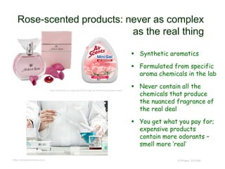  Synthetic aromatics
 Formulated from specific
aroma chemicals in the lab
 Never contain all the
chemicals that produce
the nuanced fragrance of
the real deal
 You get what you pay for;
expensive products
contain more odorants –
smell more ‘real’
© Project SOUNDhttp://nishantaromas.com/
http://airscents.co.za/product/mini-gel-air-freshener-persian-rose/
Rose-scented products: never as complex
as the real thing
 