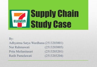 Supply Chain
Study Case
By:
Adhyatma Satya Wardhana (2513203001)
Nur Rahmawati (2513203005)
Prita Meilanitasari (2513203201)
Ratih Pamelawati (2513203204)
 