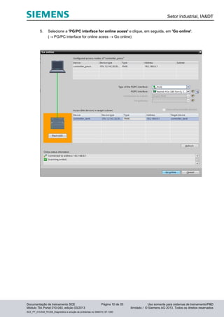Setor industrial, IA&DT
Documentação de treinamento SCE Página 10 de 33 Uso somente para sistemas de treinamento/P&D
Módulo TIA Portal 010-040, edição 03/2013 ilimitado / © Siemens AG 2013. Todos os direitos reservados
SCE_PT_010-040_R1209_Diagnóstico e solução de problemas no SIMATIC S7-1200
5. Selecione a 'PG/PC interface for online acess' e clique, em seguida, em 'Go online'.
( PG/PC interface for online acess  Go online)
 