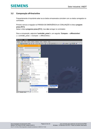 Setor industrial, IA&DT
Documentação de treinamento SCE Página 22 de 33 Uso somente para sistemas de treinamento/P&D
Módulo TIA Portal 010-040, edição 03/2013 ilimitado / © Siemens AG 2013. Todos os direitos reservados
SCE_PT_010-040_R1209_Diagnóstico e solução de problemas no SIMATIC S7-1200
3.2 Comparação off-line/online
Frequentemente é importante saber se os dados armazenados coincidem com os dados carregados no
controlador.
Primeiro remova a negação na PARADA DE EMERGÊNCIA em CONJUNÇÃO no bloco program
press [FC1].
Salvar o bloco programa press [FC1], mas não carregar no controlador.
Para a comparação, selecione 'controller_press' e, em seguida, 'Compare  offline/online'.
( controller_press  Compare  offline/online )
 