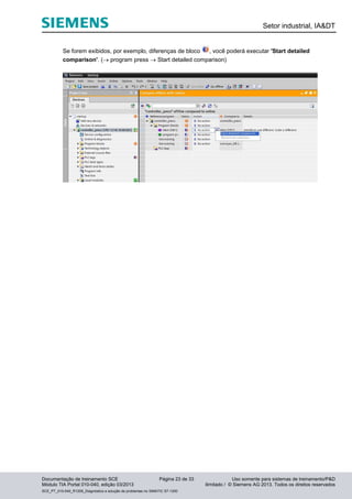 Setor industrial, IA&DT
Documentação de treinamento SCE Página 23 de 33 Uso somente para sistemas de treinamento/P&D
Módulo TIA Portal 010-040, edição 03/2013 ilimitado / © Siemens AG 2013. Todos os direitos reservados
SCE_PT_010-040_R1209_Diagnóstico e solução de problemas no SIMATIC S7-1200
Se forem exibidos, por exemplo, diferenças de bloco , você poderá executar 'Start detailed
comparison'. ( program press  Start detailed comparison)
 