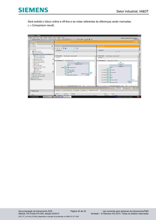 Setor industrial, IA&DT
Documentação de treinamento SCE Página 24 de 33 Uso somente para sistemas de treinamento/P&D
Módulo TIA Portal 010-040, edição 03/2013 ilimitado / © Siemens AG 2013. Todos os direitos reservados
SCE_PT_010-040_R1209_Diagnóstico e solução de problemas no SIMATIC S7-1200
Será exibido o bloco online e off-line e as notas referentes às diferenças serão marcadas.
( Comparison result)
 