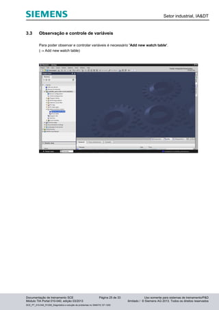 Setor industrial, IA&DT
Documentação de treinamento SCE Página 25 de 33 Uso somente para sistemas de treinamento/P&D
Módulo TIA Portal 010-040, edição 03/2013 ilimitado / © Siemens AG 2013. Todos os direitos reservados
SCE_PT_010-040_R1209_Diagnóstico e solução de problemas no SIMATIC S7-1200
3.3 Observação e controle de variáveis
Para poder observar e controlar variáveis é necessário 'Add new watch table'.
( Add new watch table)
 