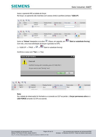 Setor industrial, IA&DT
Documentação de treinamento SCE Página 30 de 33 Uso somente para sistemas de treinamento/P&D
Módulo TIA Portal 010-040, edição 03/2013 ilimitado / © Siemens AG 2013. Todos os direitos reservados
SCE_PT_010-040_R1209_Diagnóstico e solução de problemas no SIMATIC S7-1200
Insira o operando M0 na tabela de forçar.
No forçar, os operando são inseridos com acesso direto à periferia (sintaxe: %Q0.0:P)
Insira os 'Values' desejados e os ative . Clique, em seguida, em 'Start or substitute forcing'.
Com isto, uma nova solicitação de forçar é gravada na CPU.
( %Q0.0:P  TRUE   Start or substitute forcing)
Confirme o aviso com 'Yes'. ( Yes)
Nota:
Se a tabela de observação for fechada ou a conexão ao CLP se perder, o forçar permanece ativo e o
LED FORCE amarelo na CPU se acende.
 