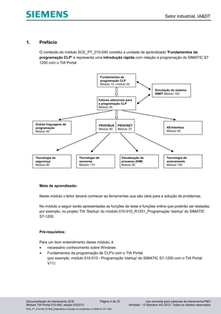 Setor industrial, IA&DT
Documentação de treinamento SCE Página 4 de 33 Uso somente para sistemas de treinamento/P&D
Módulo TIA Portal 010-040, edição 03/2013 ilimitado / © Siemens AG 2013. Todos os direitos reservados
SCE_PT_010-040_R1209_Diagnóstico e solução de problemas no SIMATIC S7-1200
1. Prefácio
O conteúdo do módulo SCE_PT_010-040 constitui a unidade de aprendizado 'Fundamentos da
programação CLP' e representa uma introdução rápida com relação à programação do SIMATIC S7
1200 com o TIA Portal.
Meta de aprendizado:
Neste módulo o leitor deverá conhecer as ferramentas que são úteis para a solução de problemas.
No módulo a seguir serão apresentadas as funções de teste e funções online que poderão ser testadas,
por exemplo, no projeto TIA 'Startup' do módulo 010-010_R1201_Programação 'startup' do SIMATIC
S7-1200.
Pré-requisitos:
Para um bom entendimento desse módulo, é
 necessário conhecimento sobre Windows
 Fundamentos da programação de CLP's com o TIA Portal
(por exemplo, módulo 010-010 - Programação 'startup' do SIMATIC S7-1200 com o TIA Portal
V11)
Fatores adicionais para
a programação CLP
Módulo 30
Fundamentos da
programação CLP
Módulo 10, módulo 20
PROFIBUS PROFINET
Módulo 60 Módulo 70
AS-Interface
Módulo 50
Tecnologia de
segurança
Módulo 80
Tecnologia de
acionamento
Módulo 100
Visualização do
processo (IHM)
Módulo 90
Tecnologia de
sensores
Módulo 110
Simulação do sistema
SIMIT Módulo 150
Outras linguagens de
programação
Módulo 40
 