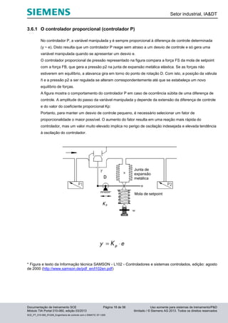 Setor industrial, IA&DT
Documentação de treinamento SCE Página 18 de 56 Uso somente para sistemas de treinamento/P&D
Módulo TIA Portal 010-060, edição 03/2013 ilimitado / © Siemens AG 2013. Todos os direitos reservados
SCE_PT_010-060_R1209_Engenharia de controle com o SIMATIC S7-1200
3.6.1 O controlador proporcional (controlador P)
No controlador P, a variável manipulada y é sempre proporcional à diferença de controle determinada
(y ~ e). Disto resulta que um controlador P reage sem atraso a um desvio de controle e só gera uma
variável manipulada quando se apresentar um desvio e.
O controlador proporcional de pressão representado na figura compara a força FS da mola de setpoint
com a força FB, que gera a pressão p2 na junta de expansão metálica elástica. Se as forças não
estiverem em equilíbrio, a alavanca gira em torno do ponto de rotação D. Com isto, a posição da válvula
ñ e a pressão p2 a ser regulada se alteram correspondentemente até que se estabeleça um novo
equilíbrio de forças.
A figura mostra o comportamento do controlador P em caso de ocorrência súbita de uma diferença de
controle. A amplitude do passo da variável manipulada y depende da extensão da diferença de controle
e do valor do coeficiente proporcional Kp:
Portanto, para manter um desvio de controle pequeno, é necessário selecionar um fator de
proporcionalidade o maior possível. O aumento do fator resulta em uma reação mais rápida do
controlador, mas um valor muito elevado implica no perigo de oscilação indesejada e elevada tendência
à oscilação do controlador.
* Figura e texto da Informação técnica SAMSON - L102 - Controladores e sistemas controlados, edição: agosto
de 2000 (http://www.samson.de/pdf_en/l102en.pdf)
Junta de
expansão
metálica
Mola de setpoint
 