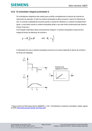 Setor industrial, IA&DT
Documentação de treinamento SCE Página 20 de 56 Uso somente para sistemas de treinamento/P&D
Módulo TIA Portal 010-060, edição 03/2013 ilimitado / © Siemens AG 2013. Todos os direitos reservados
SCE_PT_010-060_R1209_Engenharia de controle com o SIMATIC S7-1200
3.6.2 O controlador integral (controlador I)
Os controladores integrativos são usados para controlar completamente os desvios de controle em
cada ponto de operação. O valor da variável manipulada se altera enquanto o desvio for diferente de
zero. O controle é estabelecido somente quando a variável de referência e a variável controlada forem
iguais, o mais tardar quando a variável manipulada atingir o seu valor limite condicionado pelo sistema
(Umáx, Pmáx etc.).
A formulação matemática deste comportamento integral é: A variável manipulada é proporcional à
integral de tempo da diferença de controle e:
A velocidade com que a variável manipulada aumenta (ou se reduz) depende do desvio de controle e
do tempo de integração.
* Figura e texto da Informação técnica SAMSON - L102 - Controladores e sistemas controlados, edição: agosto
de 2000 (http://www.samson.de/pdf_en/l102en.pdf)
Esquema de
ligação em blocos
emáx
ymáx
com:
 