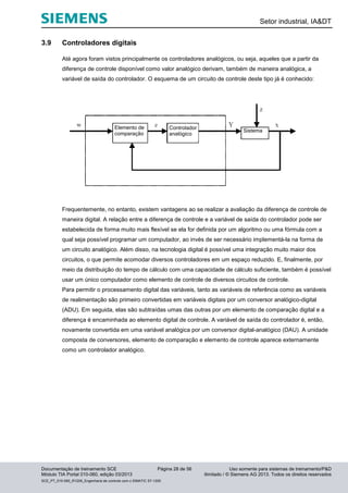 Setor industrial, IA&DT
Documentação de treinamento SCE Página 28 de 56 Uso somente para sistemas de treinamento/P&D
Módulo TIA Portal 010-060, edição 03/2013 ilimitado / © Siemens AG 2013. Todos os direitos reservados
SCE_PT_010-060_R1209_Engenharia de controle com o SIMATIC S7-1200
3.9 Controladores digitais
Até agora foram vistos principalmente os controladores analógicos, ou seja, aqueles que a partir da
diferença de controle disponível como valor analógico derivam, também de maneira analógica, a
variável de saída do controlador. O esquema de um circuito de controle deste tipo já é conhecido:
Frequentemente, no entanto, existem vantagens ao se realizar a avaliação da diferença de controle de
maneira digital. A relação entre a diferença de controle e a variável de saída do controlador pode ser
estabelecida de forma muito mais flexível se ela for definida por um algoritmo ou uma fórmula com a
qual seja possível programar um computador, ao invés de ser necessário implementá-la na forma de
um circuito analógico. Além disso, na tecnologia digital é possível uma integração muito maior dos
circuitos, o que permite acomodar diversos controladores em um espaço reduzido. E, finalmente, por
meio da distribuição do tempo de cálculo com uma capacidade de cálculo suficiente, também é possível
usar um único computador como elemento de controle de diversos circuitos de controle.
Para permitir o processamento digital das variáveis, tanto as variáveis de referência como as variáveis
de realimentação são primeiro convertidas em variáveis digitais por um conversor analógico-digital
(ADU). Em seguida, elas são subtraídas umas das outras por um elemento de comparação digital e a
diferença é encaminhada ao elemento digital de controle. A variável de saída do controlador é, então,
novamente convertida em uma variável analógica por um conversor digital-analógico (DAU). A unidade
composta de conversores, elemento de comparação e elemento de controle aparece externamente
como um controlador analógico.
Controlador
analógico
Sistema
Elemento de
comparação
 
